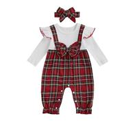 Geagodelia Baby Girl Long Sleeve Plaid Bodysuits with Headband Fake Two-Piece Ruffle Button Down Romper Long Pants Infant Girls Full Length Jumpsuits Newborn One Piece Outfits (Red, 9-12 Months)