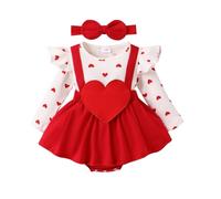 Geagodelia Baby Girl Valentine's Outfit Heart Print Long Sleeve Romper Dress My First Valentines Day Baby Outfit with Headband (White, 6-9 Months)