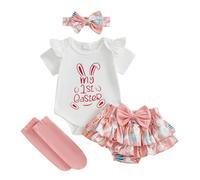 Geagodelia Baby Girls Easter Bunny Outfit My First Easter Baby Grows Long/Short Sleeve Bodysuit Romper + Skirt + Headband + Stockings Newborn Clothes Set (White 62, 3-6 Months)