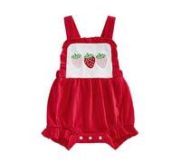 Geagodelia Baby Girls Strawberry Embroidery Overalls Adjustable Shoulder Straps Button-up Jumpsuit Sleeveless Suspender Bodysuit Ruffled Trim Bottoms Romper One Piece Outfits