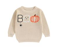 Geagodelia Baby Halloween Knitted Jumper Kids Toddler Boys Girls My First Halloween Outfit Oversized Knit Sweater Pullover Winter Knitwear Boo Pumpkin Pattern (Beige, 0-3 Months)