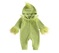 Geagodelia Christmas Baby Sleepsuit Zip Up Fleece Green Monster Baby Grow Long Sleeve Hooded Romper My First Christmas Outfit (Green, 18-24 Months)