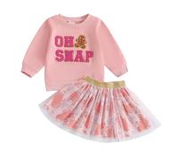 Geagodelia Christmas Kid Baby Girl Fall Long Sleeve Letter Embroidery Top Pullover Short Yarn Skirt Gingerbread Man Set Dress Outfit Clothes Set (Khaki, 2-3T)
