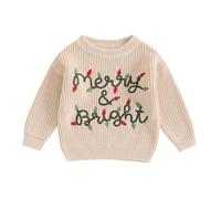 Geagodelia Christmas Knitted Jumper Baby Girl Boy First Christmas Embroidered Oversized Knit Sweater Pullover Winter Knitwear Newborn Baby Outfit (Merry&Bright Beige, 18-24 Months)