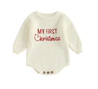 Geagodelia Christmas Knitted Jumper Baby Girl Boy My First Christmas Outfit Oversized Sweater Romper Embroidered Knit Christmas Baby Grow Winter Knitwear (My First Christmas White, 6-9 Months)