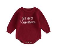 Geagodelia Christmas Knitted Jumper Baby Girl Boy My First Christmas Outfit Oversized Sweater Romper Embroidered Knit Baby Grow Winter Knitwear (Red, 3-6 Months)