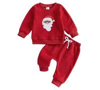 Geagodelia Christmas Toddlers Baby Boy Fall Santa Embroidered Outfit Long Sleeve Pullover Top Jumper Joggers Sweatshirt Pocket Trousers Clothes Set (Red, 6-12 Months)