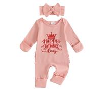 Geagodelia Fathers Day Baby Grow Newborn Girl Long Sleeve Romper and Headband Set My First Father's Day Baby Outfit Summer Clothes (Happy Fathers Day Pink, 3-6 Months)
