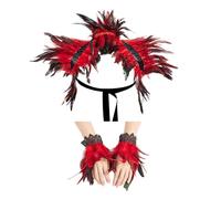 Geagodelia Feather Collar Cape and Wrist Bands for Women Halloween Maleficent Costume Accessories Gothic Feather Shawl and Wrist Cuffs Halloween Carnival Costume Accessories (Red, One Size)