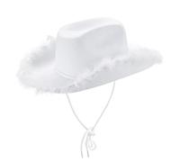 Geagodelia Felt Cowboy Hat for Women Fluffy Feather Trim Disco Cowgirl Hat Womens Adult Halloween Costumes Preppy Hat for Fancy Dress Up Role Play Cosplay Birthday Party (B 01-White, OneSize)