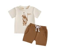 Geagodelia First Birthday Outfits Baby Boy Summer One Birthday Clothes Toddler Boys Number Pattern Animal T-shirt Rolled Shorts (Khaki Bear, 6-12 Months)
