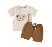 Geagodelia First Birthday Outfits Baby Boy Summer One Birthday Clothes Toddler Boys Number Pattern Animal T-shirt Rolled Shorts (Khaki Bear Head, 12-18 Months)