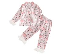 Geagodelia Girls Satin Christmas Pyjamas Feather Trim Long Sleeve Button Down Tops and Bottoms Sets Silky Christmas Pjs Cute Print Christmas Pajamas for Kids Toddler (Eggnog Rose, 6-7 Years)