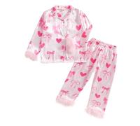 Geagodelia Girls Satin Christmas Pyjamas Feather Trim Long Sleeve Button Down Tops and Bottoms Sets Silky Christmas Pjs Cute Print Christmas Pajamas for Kids Toddler (Pink Bows Rose, 7-8 Years)