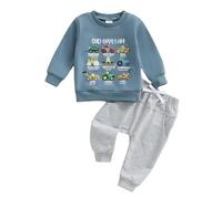 Geagodelia God Says I Am Cute Christian Themed Baby Boy Winter Clothes Long Sleeve Tops and Trousers Set Newborn Boys Coming Home Outfit (9 Construction Vehicles Blue, 0-6 Months)