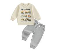 Geagodelia God Says I Am Cute Christian Themed Baby Boy Winter Clothes Long Sleeve Tops and Trousers Set Newborn Boys Coming Home Outfit (9 Construction Vehicles Beige, 2-3 Years)