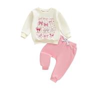 Geagodelia God Says I Am Cute Christian Themed Baby Girl Winter Clothes Bows Print Long Sleeve Tops and Trousers Set Newborn Girls Coming Home Outfit (Rose, 18-24 Months)