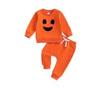 Geagodelia Halioween Toddler Baby Clothes Sweatshirt Long Sleeve Solid Color Smile Face Print Fall Elastic Infant Boys Outfit Clothes Pullover Tops Pants Pocket Set (Orange, 3-6 Months)