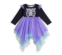 Geagodelia Halloween Kids Girl Tulle Dress Little Girls Ruffle Fall Long Sleeve Skeleton Print Outfit Clothes Set (Purple, 4 Years)