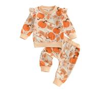 Geagodelia Halloween Outfits for Kids Toddler Newborn Baby Girls Autumn Clothes Set Pumpkin Print Ruffled Sleeve Sweatshirt and Trousers My First Halloween Outfit (Pumpkin Spice Orange, 12-18 Months)
