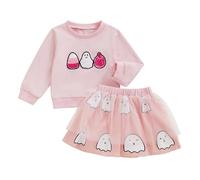 Geagodelia Halloween Toddler Baby Girl Fall Long Sleeve Ghost Print Top Pullover Short Yarn Skirt Set Dress Elastic Outfit Clothes 2PCS Set (Pink, 6-12 Months)