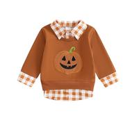 Geagodelia Halloween Toddler Fall Baby Boy Sweatshirt Long Sleeve Pumpkin Truck Embroidery Plaid Lapel Elastic Pullover Jumper Clothes Tops (Orange, 18-24 Months)
