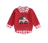 Geagodelia Halloween Toddler Fall Baby Boy Sweatshirt Long Sleeve Pumpkin Truck Embroidery Plaid Lapel Elastic Pullover Jumper Clothes Tops (Red, 3-4 Years)