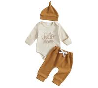 Geagodelia Hello Im New Here Letter Embroidered Newborn Baby Outfit Boys Long Sleeve Bodysuit and Trousers Waffle Knitted Autumn Winter Clothes Coming Home Outfits with Hat (Khaki, 0-3 Months)