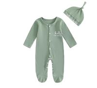 Geagodelia Hello Im New Here Newborn Boys Baby Grow with Mittens and Feet Long Sleeve Ribbed Romper Winter Clothes Coming Home Outfit with Hat (Light Green, Newborn)
