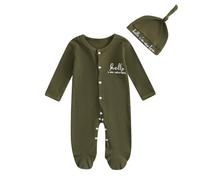 Geagodelia Hello Im New Here Newborn Boys Baby Grow with Mittens and Feet Long Sleeve Ribbed Romper Winter Clothes Coming Home Outfit with Hat (Olive Green, 0-3 Months)