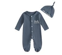 Geagodelia Hello Im New Here Newborn Boys Baby Grow with Mittens and Feet Long Sleeve Ribbed Romper Winter Clothes Coming Home Outfit with Hat (Dark Blue, Newborn)