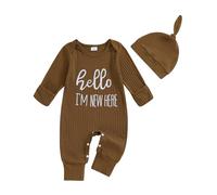 Geagodelia Hello Im New Here Newborn Boys Baby Grow with Mittens Long Sleeve Ribbed Romper Winter Clothes Coming Home Outfit with Hat (Brown, Newborn)