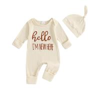 Geagodelia Hello Im New Here Newborn Boys Baby Grow with Mittens Long Sleeve Ribbed Romper Winter Clothes Coming Home Outfit with Hat (Beige, 0-3 Months)