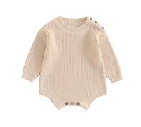 Geagodelia Infant Baby Boy Girl Solid Color Button Knit Romper Sweater Knitted Bodysuit Long Sleeve Jumpsuit Baptism Warm Jumper Fall Winter Chunky Knitwear for Casual Daily (Beige, 9-12 Months)