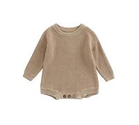 Geagodelia Infant Baby Boy Girl Solid Color Knit Romper Sweater Knitted Bodysuit Long Sleeve Jumpsuit Baptism Warm Jumper Fall Winter Chunky Knitwear for Casual Daily (Khaki, 3-6 Months)