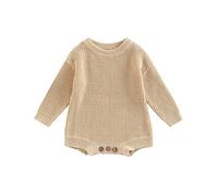 Geagodelia Infant Baby Boy Girl Solid Color Knit Romper Sweater Knitted Bodysuit Long Sleeve Jumpsuit Baptism Warm Jumper Fall Winter Chunky Knitwear for Casual Daily (Beige, 0-3 Months)