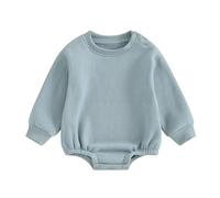 Geagodelia Infant Baby Boy Girl Solid Color Padded Romper Long Sleeve Crew Neck Thickened Bodysuit Unisex Baby Button Up Jumpsuit Loose Fit Fall Winter Outfits for Casual Daily (Blue, 3-6 Months)