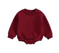 Geagodelia Infant Baby Boy Girl Solid Color Padded Romper Long Sleeve Crew Neck Thickened Bodysuit Unisex Baby Button Up Jumpsuit Loose Fit Fall Winter Outfits for Casual Daily (Red, 12-18 Months)