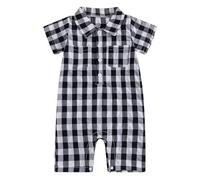 Geagodelia Infant Baby Boy Summer Romper Newborn Baby Boys' Full Length Jumpsuit Short Sleeve Lapel Plaid Print Button-Down Bodysuits for Baby Boy Clothes Outfits