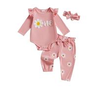 Geagodelia Infant Baby Girl 1st Birthday Outfits Long Sleeve Daisy Letter Embroidery Romper Bodysuit and Floral Print Pants and Headband Sets 3Pcs Birthday Clothes for Baby Girl (Pink, 6-12 Months)
