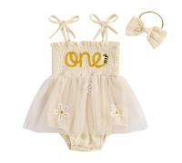 Geagodelia Infant Baby Girl 1st Birthday Romper Dress Mesh Tulle Skirt Bodysuits Jumpsuit Princess Dress Tiered Puffy Layered Ruffle A-Line Tutu Skirt Baptism Wedding Dress (Apricot, 12-18 Months)