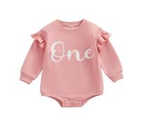 Geagodelia Infant Baby Girl 1st Birthday Romper Ruffle Long Sleeve Crew Neck Letter Print Jumpsuit Baptism Princess Bodysuit Newborn Baby Girl First Birthday Outfits for Winter (Pink, 12-18 Months)