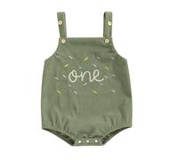 Geagodelia Infant Baby Girl Boy 1st Birthday Romper Sleeveless Letter Embroidery Jumpsuit Square Neck Baptism Button-up Corduroy Bodysuit Newborn Baby First Birthday Outfits (Green, 12-18 Months)