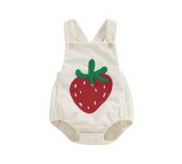 Geagodelia Infant Baby Girl Boy Overalls Romper Button Sleeveless Bodysuit Cartoon Embroidery Ribbed Jumpsuit Square Neck Pageant Baptism Playsuit (Ivory Strawberry, 9-12 Months)