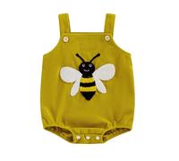 Geagodelia Infant Baby Girl Boy Overalls Romper Button Sleeveless Bodysuit Cartoon Embroidery Ribbed Jumpsuit Square Neck Pageant Baptism Playsuit (Yellow Bee, 3-6 Months)