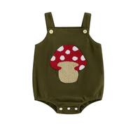 Geagodelia Infant Baby Girl Boy Overalls Romper Button Sleeveless Bodysuit Cartoon Embroidery Ribbed Jumpsuit Square Neck Pageant Baptism Playsuit (Green Mushroom, 6-12 Months)