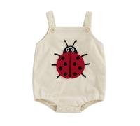 Geagodelia Infant Baby Girl Boy Overalls Romper Button Sleeveless Bodysuit Cartoon Embroidery Ribbed Jumpsuit Square Neck Pageant Baptism Playsuit (Apricot Ladybird, 0-3 Months)