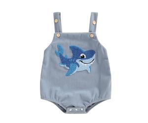 Geagodelia Infant Baby Girl Boy Overalls Romper Button Sleeveless Bodysuit Cartoon Embroidery Ribbed Jumpsuit Square Neck Pageant Baptism Playsuit (Blue Shark, 3-6 Months)