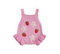 Geagodelia Infant Baby Girl Knit Romper Knitted Bodysuits Sleeveless Floral/Bow/Cherry/Strawberry Embroidery Ruffle Jumpsuit Baptism Jumper Overalls Chunky Knitwear (Pink Rose, 12-18 Months)