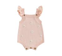 Geagodelia Infant Baby Girl Knit Romper Knitted Bodysuits Sleeveless Floral/Bow/Cherry/Strawberry Embroidery Ruffle Jumpsuit Baptism Jumper Overalls Chunky Knitwear (Bean Pink, 18-24 Months)